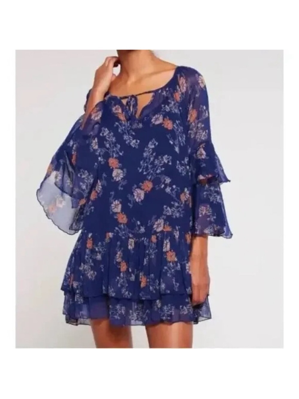 Floral Tiered Navy Blue Chiffon Dress
